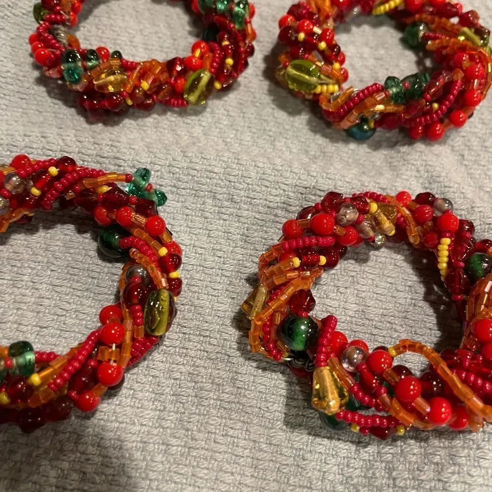 Green Glass Silver Wire Napkin Rings Red Orange Glass Beads Napkin Rings 16 TTL